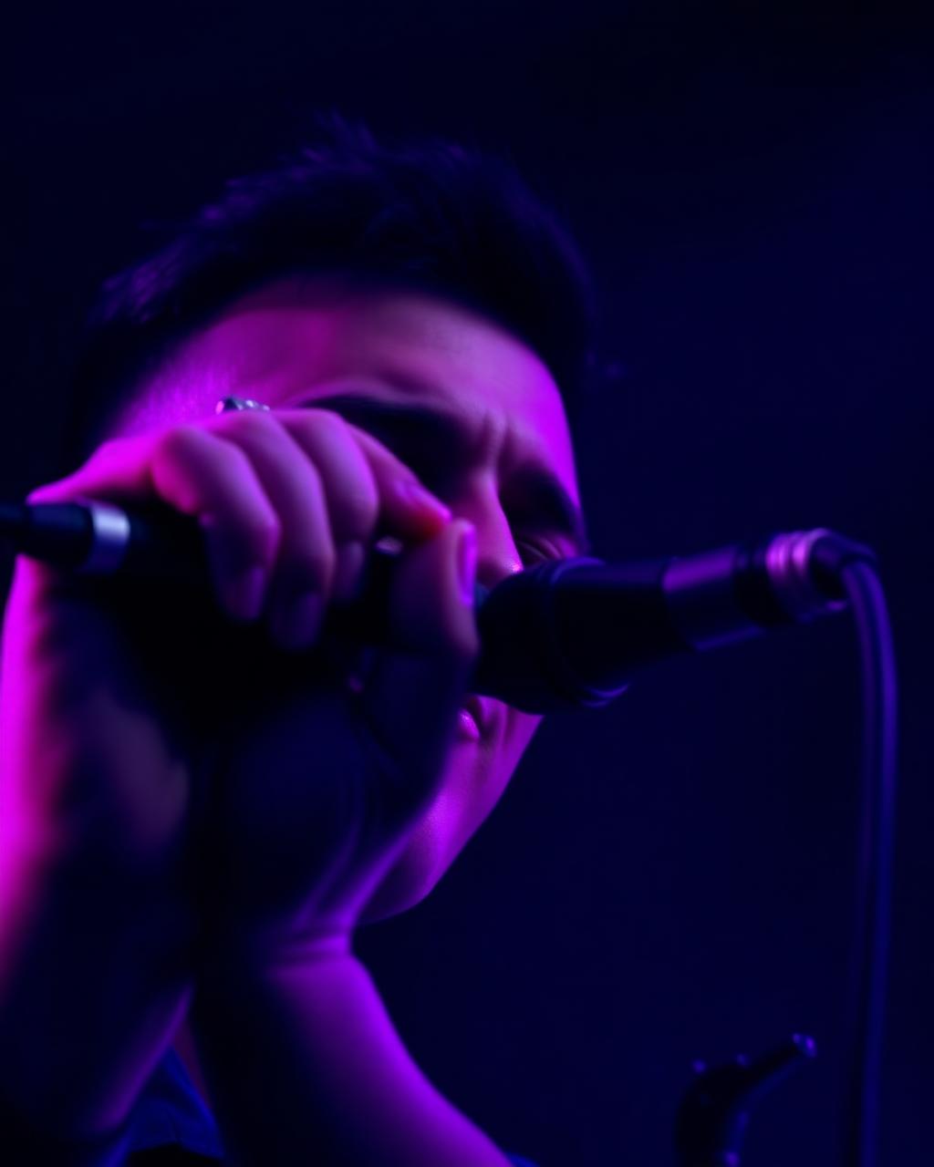 A singer holding a microphone under violet stage light